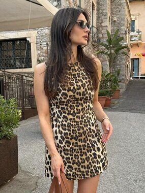 Zara Animal Print Sleeveless Mini Dress Woven Leopard Size Small